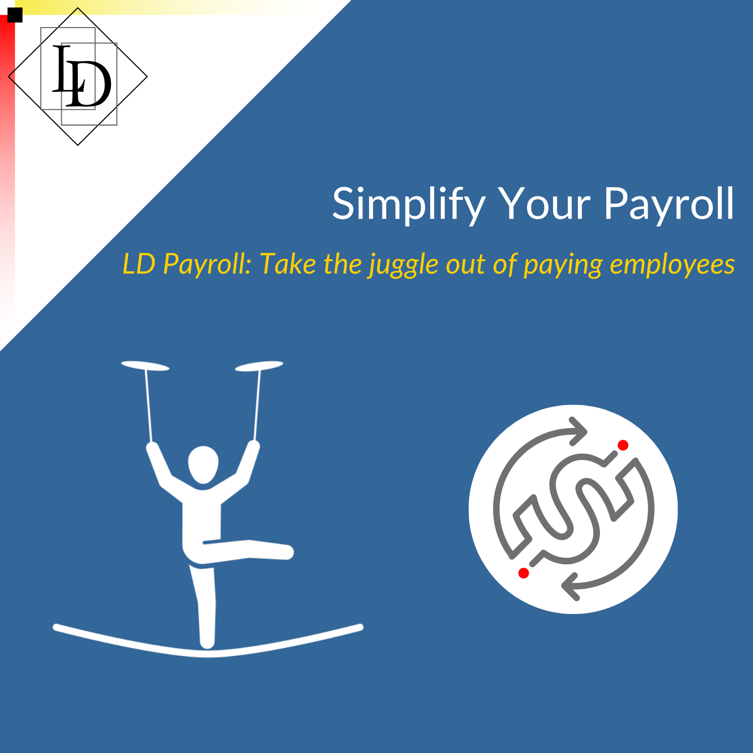 Stick figure man on a tight-rope, holding two sticks and keeping two plates spinning in the air.  The LD Payroll application logo. Title - Simplify your payroll, subtitle: LD Payroll: take the juggle out of paying employees.